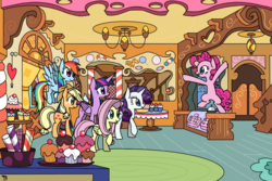 Size: 1024x683 | Tagged: safe, artist:galefeather, applejack, fluttershy, pinkie pie, rainbow dash, rarity, twilight sparkle, alicorn, pony, g4, fanfic art, female, mane six, mare, pinkie personalities, sugarcube corner, twilight sparkle (alicorn)