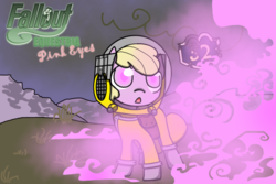 Size: 1024x683 | Tagged: safe, artist:galefeather, oc, oc only, oc:puppysmiles, earth pony, pony, fallout equestria, fallout equestria: pink eyes, fanfic, fanfic art, female, filly, foal, hazmat suit, hooves, open mouth, pink cloud (fo:e), route 52, saddle bag, solo, text