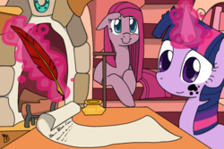 Size: 1024x683 | Tagged: safe, artist:galefeather, pinkie pie, twilight sparkle, blushing, ink, letter, pinkamena diane pie, pinkie personalities, quill, scroll, writing