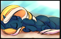 Size: 1073x693 | Tagged: safe, artist:starshinebeast, oc, oc only, oc:tidal charm, aquapony, :o, cute, eyes closed, female, filly, foal, freckles, on side, seaunicorn, sleeping, solo, tired