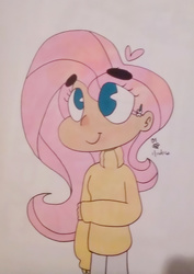 Size: 913x1290 | Tagged: safe, artist:thalamanders, fluttershy, human, g4, clothes, color correction, female, humanized, simple background, solo, sweater, sweatershy, traditional art, turtleneck