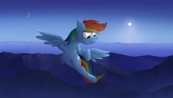 Size: 3000x1687 | Tagged: safe, artist:marsminer, rainbow dash, alien, g4, backwards cutie mark, female, flying, scenery, sky, solo, space, wallpaper