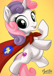 Size: 955x1351 | Tagged: safe, artist:mysticalpha, sweetie belle, g4, backwards cutie mark, cape, clothes, cmc cape, cutie mark, female, solo, the cmc's cutie marks