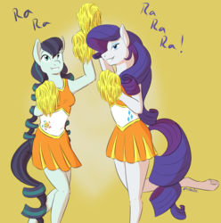 Size: 1200x1209 | Tagged: safe, artist:kourabiedes, coloratura, rarity, anthro, unguligrade anthro, g4, belly button, cheerleader, clothes, midriff, pleated skirt, pom pom, pun, rara, rarara, ship:rarararara, skirt