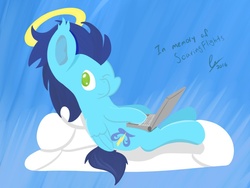 Size: 1032x774 | Tagged: safe, artist:lavdraws, soarin', pegasus, pony, g4, computer, laptop computer, looking at you, male, sitting, solo, stallion, wink