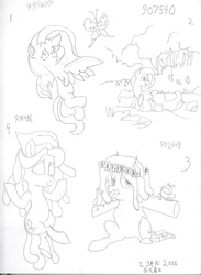 Size: 1623x2221 | Tagged: safe, artist:barryfrommars, fluttershy, orange frog, tree hugger, bird, butterfly, earth pony, frog, pegasus, pony, g4, black and white, cutie mark, flower, food, grayscale, hippie horse noises, inanimate tf, missing cutie mark, monochrome, orange, orangified, river, rock, smiling, transformation, tree