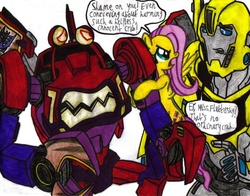 Size: 1010x792 | Tagged: safe, artist:krytenmarkgen-0, fluttershy, g4, bumblebee (transformers), clampdown, this will end in tears, transformers, transformers robots in disguise (2015)