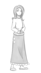 Size: 670x1200 | Tagged: dead source, safe, artist:reiduran, fluttershy, human, g4, clothes, dress, female, flattershy, humanized, monochrome, simple background, slippers, solo, sweater, sweatershy, white background