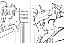 Size: 1280x867 | Tagged: safe, artist:rileyav, princess cadance, shining armor, g4, female, kissing, male, monochrome, pointing, ponytail, ship:shiningcadance, shipping, sign, singles will be paired, smiling, straight, younger