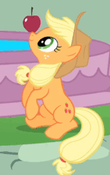 Size: 246x389 | Tagged: safe, screencap, applejack, earth pony, pony, a bird in the hoof, g4, season 1, animated, apple, applejack's hat, balancing, cowboy hat, cute, female, food, hat, jackabetes, mare, perfect loop, ponies balancing stuff on their nose, silly, silly pony, sitting, solo, that pony sure does love apples, who's a silly pony