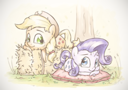 Size: 1440x1018 | Tagged: safe, artist:assasinmonkey, part of a set, applejack, rarity, pony, g4, apples & gems calendar, chibi, female, hay, lesbian, pillow, ship:rarijack, shipping, tree