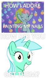 Size: 599x1003 | Tagged: safe, lyra heartstrings, rainbow dash (g3), pony, unicorn, g3, g3.5, g4, twinkle wish adventure, caption, female, mare, meme, nail polish, open mouth, open smile, simple background, smiling, text, that's what makes a friend, white background