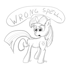 Size: 500x476 | Tagged: safe, artist:xbi, twilight sparkle, pony, g4, body part swap, dialogue, female, head swap, looking back, open mouth, raised hoof, simple background, sketch, solo, spell gone wrong, tail swap, wat, what has magic done, white background