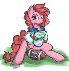Size: 1677x1709 | Tagged: safe, artist:flutterthrash, oc, oc only, oc:cherryfiller, earth pony, anthro, semi-anthro, american football, anatomically incorrect, arm hooves, bottomless, breasts, cleavage, clothes, female, incorrect leg anatomy, jersey, lidded eyes, looking at you, mare, messy mane, nfl, seattle seahawks, simple background, sitting, smiling, smirk, solo, white background