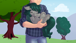 Size: 1920x1080 | Tagged: safe, artist:pusspuss, oc, oc only, oc:nightshine, bat pony, human, pony, clothes, cover art, cute, eyes closed, fimfiction, frog (hoof), holding a pony, jeans, pants, plaid, sleeping, smiling, snuggling, tree, underhoof