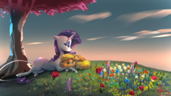 Size: 6000x3375 | Tagged: safe, artist:alumx, applejack, rarity, classical unicorn, g4, cuddling, female, flower, horn, leonine tail, lesbian, meadow, outdoors, ship:rarijack, shipping, snuggling, tree