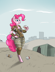 Size: 710x917 | Tagged: safe, artist:metal-kitty, pinkie pie, earth pony, anthro, unguligrade anthro, g4, baseball, can, crossover, eating, fallout, fallout 4, female, food, grenade, hand on hip, no catchlights, raider armor, solo, sports, wasteland