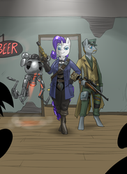 Size: 822x1130 | Tagged: safe, artist:metal-kitty, rarity, robot, anthro, unguligrade anthro, g4, bar, beard, bowler hat, clothes, codsworth, crossover, fallout, fallout 4, gun, hat, maccready, mister handy, optical sight, pipboy, pistol, rifle, sniper rifle, weapon