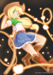 Size: 1179x1667 | Tagged: safe, artist:banzatou, applejack, human, equestria girls, g4, apple, applejack's hat, blushing, boots, clothes, cowboy hat, female, food, hat, humanized, lasso, looking at you, shirt, shoes, skirt, solo