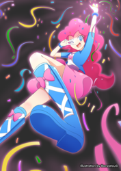 Size: 1179x1667 | Tagged: safe, artist:banzatou, pinkie pie, human, equestria girls, g4, boots, bracelet, clothes, confetti, cute, diapinkes, female, high heel boots, humanized, jewelry, looking at you, one eye closed, open mouth, shirt, shoes, skirt, solo, streamers