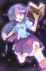 Size: 1125x1725 | Tagged: safe, artist:banzatou, twilight sparkle, human, equestria girls, g4, blushing, book, boots, clothes, female, humanized, open mouth, shirt, shoes, skirt, solo