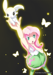 Size: 1179x1667 | Tagged: safe, artist:banzatou, angel bunny, fluttershy, butterfly, human, rabbit, equestria girls, g4, armpits, badass, badass adorable, blushing, boots, clothes, cute, female, flutterbadass, humanized, open mouth, shirt, shoes, shyabetes, skirt