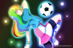 Size: 1725x1124 | Tagged: safe, artist:banzatou, rainbow dash, human, equestria girls, g4, ball, boots, clothes, female, football, humanized, looking at you, shirt, shoes, skirt, smiling, solo, tomboy, wristband