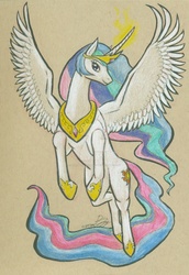 Size: 1024x1491 | Tagged: safe, artist:moviedragon009v2, princess celestia, g4, female, flying, glowing horn, horn, obtrusive watermark, simple background, solo, traditional art, watermark