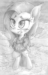 Size: 2176x3360 | Tagged: safe, artist:cross_ornstein, fluttershy, bat pony, pony, g4, bipedal, blushing, chibi, clothes, cute, female, fluffy, flutterbat, fog, grin, high res, hoodie, monochrome, pencil drawing, race swap, shyabates, shyabetes, smiling, solo, traditional art