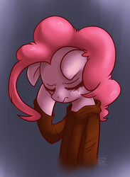 Size: 1065x1455 | Tagged: safe, artist:saber-panda, pinkie pie, earth pony, pony, g4, clothes, crying, female, hoodie, sad, solo
