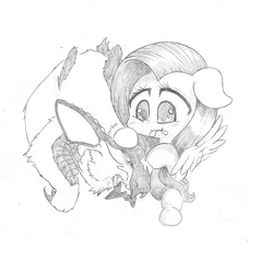 Size: 2432x2256 | Tagged: safe, artist:cross_ornstein, fluttershy, rabbit, g4, duo, high res, lagombi, monochrome, monster, monster hunter, pencil drawing, simple background, traditional art, urkusus