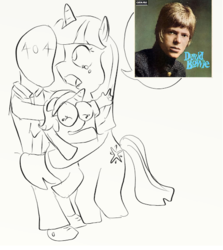 Size: 508x570 | Tagged: safe, artist:php162, twilight sparkle, oc, oc:anon, oc:nyx, alicorn, human, pony, g4, 404 face, alicorn oc, crying, david bowie, doodle, drawthread, hug, monochrome, obligatory david bowie