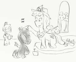 Size: 695x566 | Tagged: safe, artist:php162, applejack, changeling, nymph, pegasus, pony, g4, bipedal, drawthread, empty eyes, eye contact, female, frown, gun, hoof hold, looking at each other, machine gun, male, mare, monochrome, nervous, no pupils, petting, potted plant, princess applejack, race swap, rifle, royal guard, spread wings, stallion, sweat, sweatdrop, wat, wavy mouth, weapon, window, wings