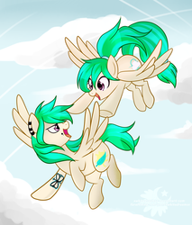 Size: 2926x3432 | Tagged: safe, artist:xwhitedreamsx, oc, oc only, oc:cloud skipper, oc:sky rider, pegasus, pony, earring, female, flying, high res, open mouth, piercing, siblings, sisters, spread wings, tattoo, twins