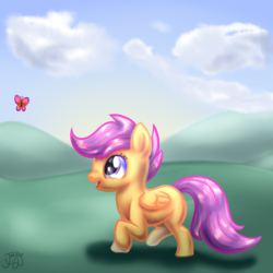 Size: 1200x1200 | Tagged: safe, artist:forumsdackel, scootaloo, butterfly, g4, cute, cutealoo, sunset