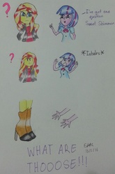 Size: 1814x2756 | Tagged: safe, artist:lizzyisme, sunset shimmer, twilight sparkle, equestria girls, g4, horseshoes, meme, traditional art, what are thoooose