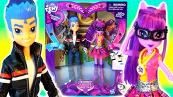 Size: 1280x720 | Tagged: safe, flash sentry, sci-twi, twilight sparkle, equestria girls, g4, doll, equestria girls logo, toy