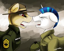 Size: 1280x1024 | Tagged: safe, artist:gasmaskfox, shining armor, pony, g4, abuse, alternate hairstyle, angry, boop, buzzcut, drill sergeant, gunnery sergeant, noseboop, ponified, shiningabuse, war face, yelling
