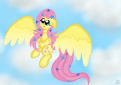 Size: 1754x1240 | Tagged: safe, artist:dominiquescreations, fluttershy, g4, female, flower, flower in hair, flower in tail, flying, sky, solo, spread wings