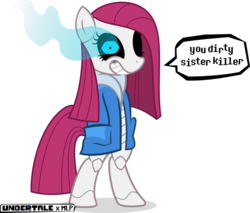 Size: 968x825 | Tagged: safe, artist:psaga90, pinkie pie, g4, clothes, cosplay, costume, crossover, dirty brother killer, glowing eyes, implied death, magic, pinkamena diane pie, ponified, sans (undertale), solo, undertale