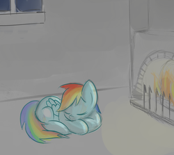 Size: 2332x2084 | Tagged: safe, artist:owlnon, rainbow dash, g4, 4chan, curled up, female, fireplace, high res, sleeping, solo