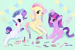 Size: 1500x1000 | Tagged: safe, artist:yam, fluttershy, rarity, twilight sparkle, alicorn, pony, g4, braid, female, makeover, makeup, mare, pixiv, trio, twilight sparkle (alicorn)