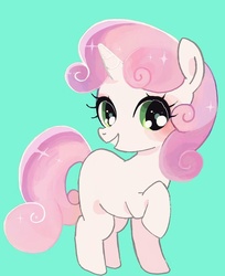 Size: 834x1024 | Tagged: safe, artist:yam, sweetie belle, pony, unicorn, g4, cyan background, eyelashes, female, filly, full body, green eyes, horn, multicolored mane, multicolored tail, raised hoof, smiling, solo, tail