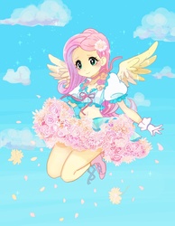 Size: 1500x1935 | Tagged: safe, artist:yam, fluttershy, equestria girls, g4, blushing, boots, clothes, female, flower, flower petals, high heels, humanized, midriff, pixiv, puffy sleeves, ruffles, skirt, solo, sparkles, winged humanization, wings