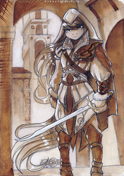 Size: 774x1100 | Tagged: safe, artist:foxinshadow, octavia melody, earth pony, anthro, g4, assassin, assassin's creed, crossover, ezio auditore, female, solo, sword, traditional art, weapon
