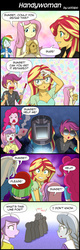 Size: 800x2504 | Tagged: safe, artist:uotapo, diamond tiara, drama letter, fluttershy, pinkie pie, rainbow dash, scootaloo, silver spoon, sunset shimmer, sweetie belle, trixie, watermelody, equestria girls, g4, armpits, background human, cleavage, comic, female, sunset helper, sunset welder, welding