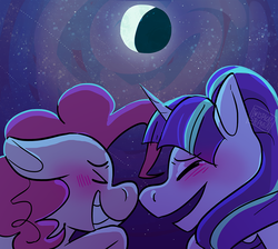 Size: 900x805 | Tagged: safe, artist:stevetwisp, pinkie pie, starlight glimmer, g4, blushing, boop, eclipse, eyes closed, female, floppy ears, glimmerpie, grin, lesbian, moon, night, noseboop, open mouth, shipping, smiling