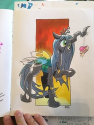 Size: 600x800 | Tagged: safe, artist:tony fleecs, queen chrysalis, g4, carrot on a stick, female, heart, solo, traditional art