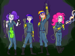 Size: 2000x1500 | Tagged: safe, artist:helloiamyourfriend, artist:yourfriendsalamisalamander, pinkie pie, rainbow dash, rarity, twilight sparkle, human, g4, crossover, ghostbusters, humanized, proton pack, slime