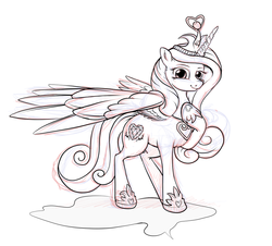 Size: 1024x925 | Tagged: safe, artist:setonlr, princess cadance, g4, female, large wings, monochrome, raised hoof, simple background, solo